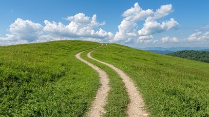 Winding path on grassy hill, mountain view, sunny day, nature travel