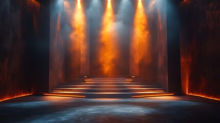 Fototapeta premium Illuminated stage with smoky atmosphere and three spotlights.