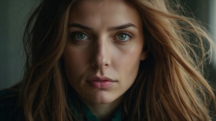 Portrait of a Young Woman with Striking Green Eyes and Flowing Hair in Soft Indoor Light for Beauty and Empowerment Themes