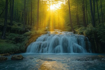 Splendid waterfall cascading through lush trees at sunset in a serene forest setting