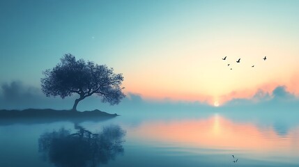 Serene Sunrise Landscape With Solitary Tree And Birds
