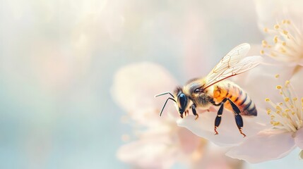 Honeybee pollinating delicate pink blossoms in soft light.