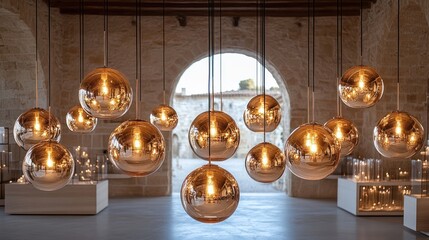 Golden globe lights hang in stone hall