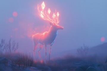 A magical deer with antlers made of glowing crystals, walking through the mist