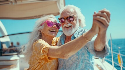 Smiling seniors celebrating retirement on a luxury boat. A cheerful and vibrant moment filled with fun, relaxation, and positive energy.