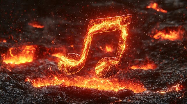 Fiery Music Note in Volcanic Landscape; album art, fiery music concept
