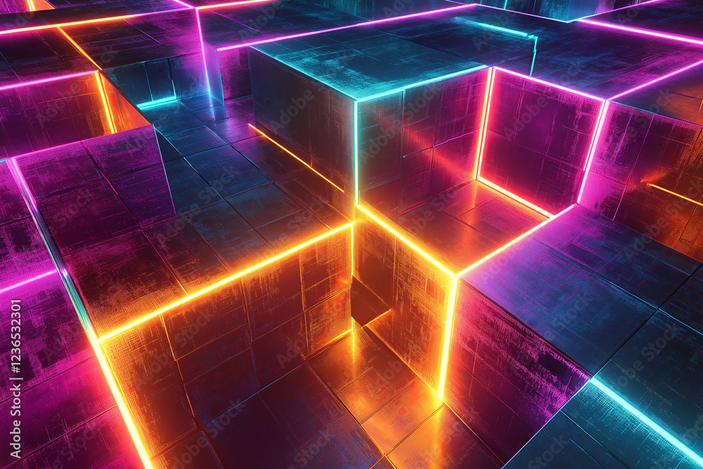 Poster A mesmerizing 3D fractal structure with infinite depth and glowing neon edges