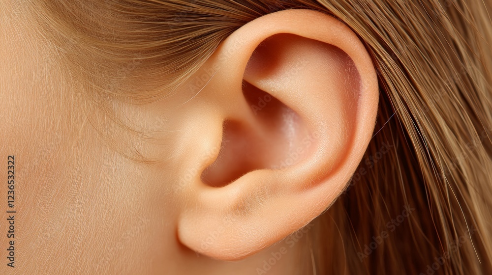Poster macro photography capturing a child's ear, emphasizing intricate details of outer ear anatomy while 