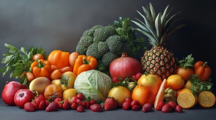 Vibrant still life of fresh fruit and vegetables healthy eating abundance wholesome delicious