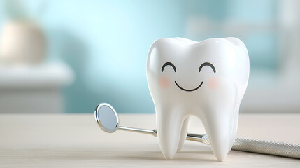 Dental health awareness cute cartoon tooth dental office image bright environment close-up promoting oral hygiene