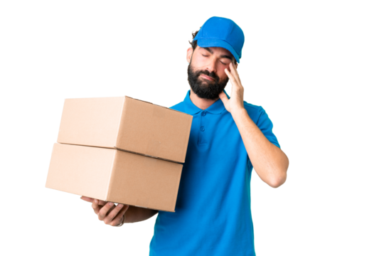 Delivery caucasian man over isolated chroma key background with headache