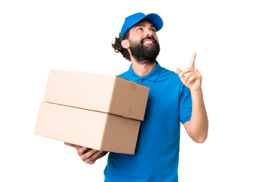 Delivery caucasian man over isolated chroma key background pointing up a great idea