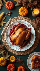 This stunning image showcases a perfectly roasted turkey resting on a floral plate, surrounded by vibrant autumn elements like mini pumpkins and seasonal foliage. The warm colors and inviting