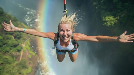 Extreme sports moment with a woman mid-jump. The essence of freedom, adrenaline, and breathtaking scenery captured in a single frame.