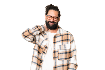 Young man with beard over isolated chroma key background with neckache