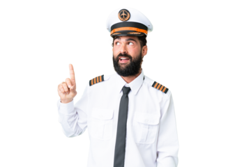 Airplane caucasian pilot man over isolated chroma key background intending to realizes the solution while lifting a finger up