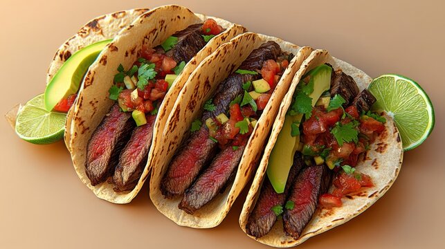 Delicious steak tacos savory vibrant appetizing mexican food tacos steak avocado salsa lime tortilla food meal cuisine lunch dinner mexican