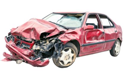 Red wrecked car showing consequences of road accident on transparent background