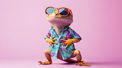 Funny Lizard Wearing Sunglasses and a Hawaiian Shirt Striking a Confident Pose on a Pink Background
