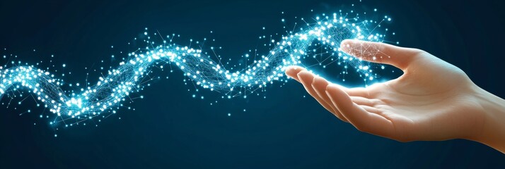 Fototapeta premium A Hand Reaching Out to Touch a Glowing Network of Interconnected Dots on a Blue Background