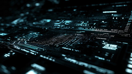Futuristic digital circuit board glowing with neon lights, intricate patterns, and vibrant lines creating a high-tech aesthetic in a dark background.