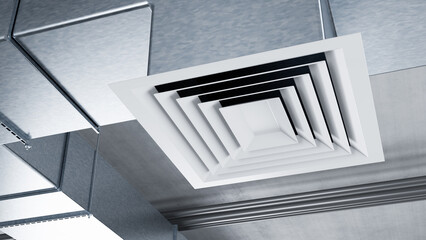 Aluminum ventilation shaft. Pipes for air purification under ceiling. Ventilation shaft in industrial room. Air conditioning system in building. Ventilation shaft for oxygen recirculation. 3d image