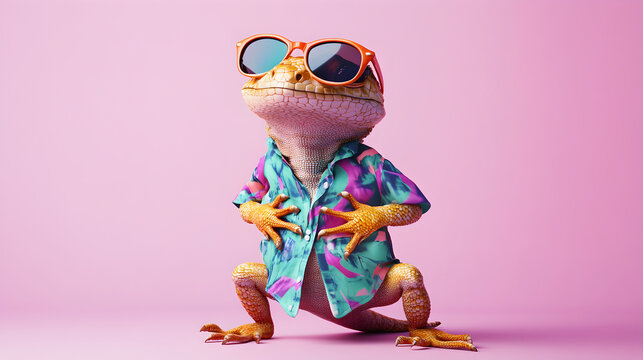 Funny Lizard Wearing Sunglasses and a Hawaiian Shirt Striking a Confident Pose on a Pink Background