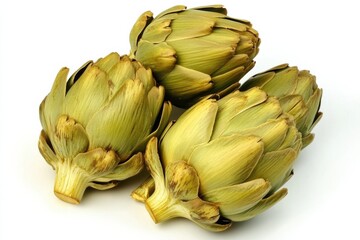 Obraz premium Deliciously presented canned artichokes on a pristine white backdrop highlighting their vibrant green hues