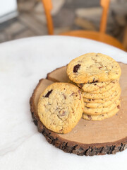 Chocolate chip cookies on wood