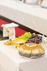 Attributes first communion, bread, chalice, holy sacraments, Christianity, prayer