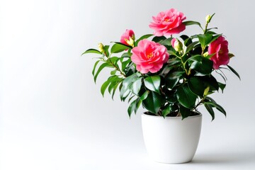 Fototapeta premium Beautiful camellia blooms in a stylish pot showcasing vibrant colors against a pristine background