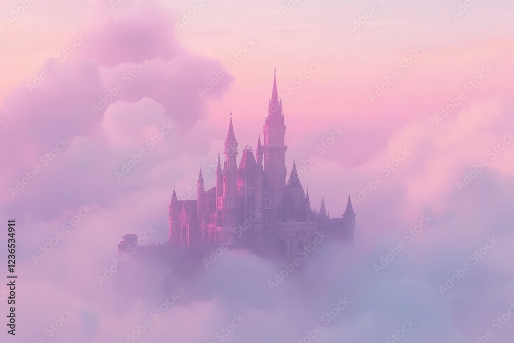 Poster a mystical floating castle surrounded by soft pink and purple clouds.