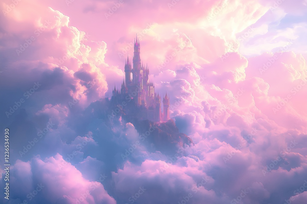 Poster a mystical floating castle surrounded by soft pink and purple clouds.