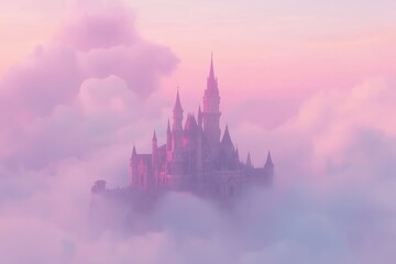 Fototapeta premium A mystical floating castle surrounded by soft pink and purple clouds.