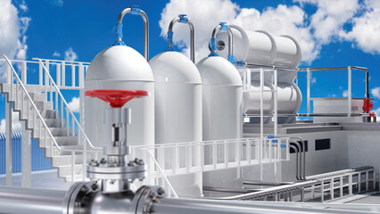 Modern plant. Factory exterior. High pressure tanks on plant territory. Gas supply pipe near...