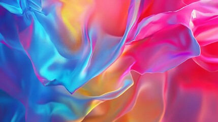 Abstract flowing fabric with vibrant pink, blue, and yellow colors creating a dynamic swirling effect