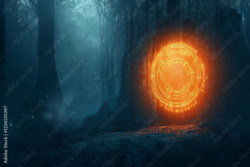 Poster a mystical portal glowing in an enchanted forest, mysterious symbols surrounding it