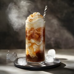 A trendy dirty soda—a creamy, fizzy drink made with soda, flavored syrups, and a splash of milk or cream—served over ice in a modern and refreshing presentation.