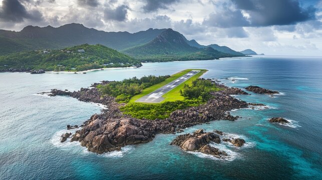 Aerial landscape view of the isolated Assomption Island Seychelles located in the most southwestern part of Seychelles with an Assomption Airport and its runway crossing the Island