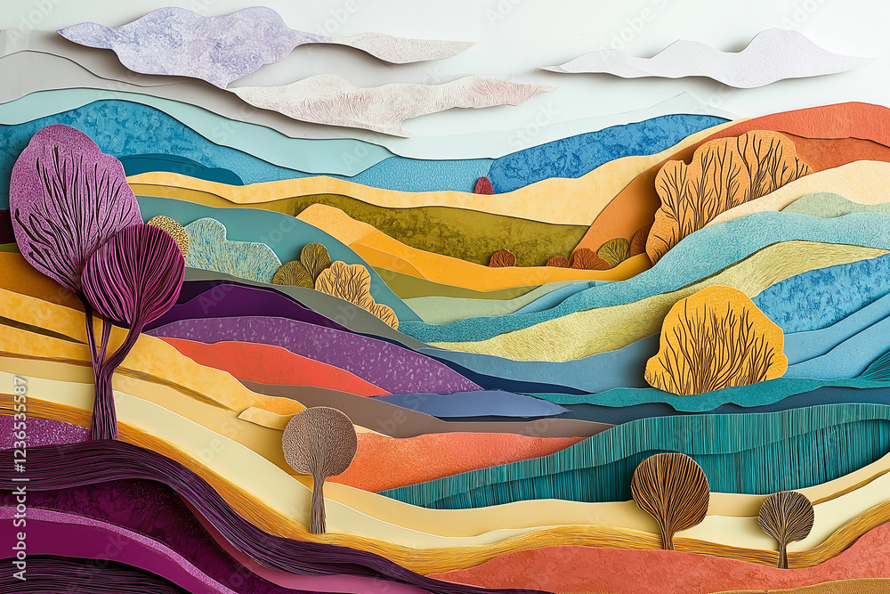 Poster a paper cut-out landscape, crafted with multiple layers of colorful paper textures