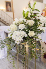 Decoration with white flowers in basket, holy sacraments, Christianity, first holy communion, wedding
