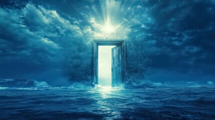 Open door in a stormy sky above water, leading to light.