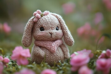 Cute yarn knitted rabbit among blooming flowers in a tranquil garden setting