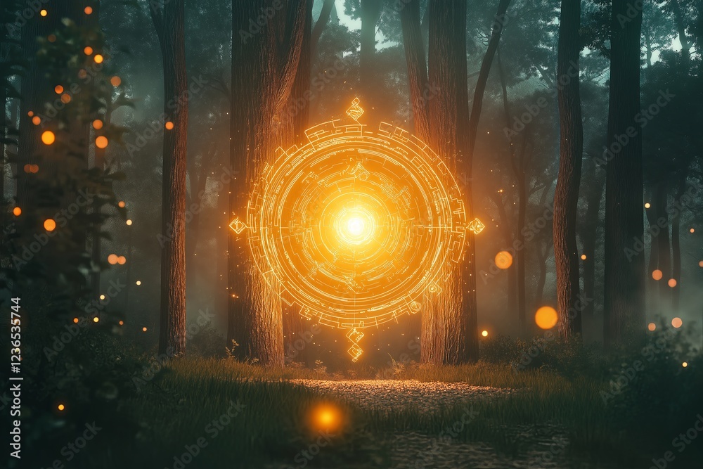 Poster a mystical portal glowing in an enchanted forest, mysterious symbols surrounding it