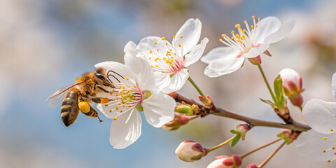 Fototapeta premium Close-Up of a Bee on a White Cherry Blossom Flower for Nature and Pollination Awareness