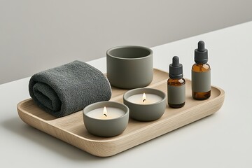 Naklejka premium Minimalist Spa Tray: Rolled Towel, Scented Candles, Essential Oil Bottles, Neutral Tones.