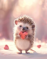 Sweet cartoon-style hedgehog holding a tiny a red heart gift box, standing on a soft pastel background