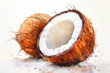 Watercolor painting of two halves of coconut, showcasing creamy white flesh and brown shell refreshing tropical image