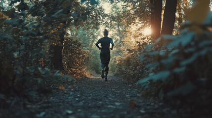 Fototapeta premium Woman Running Through a Sunlit Forest Path