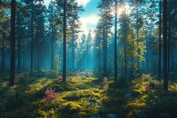 Obraz premium Sunlit Forest Path Digital Art Landscape Print